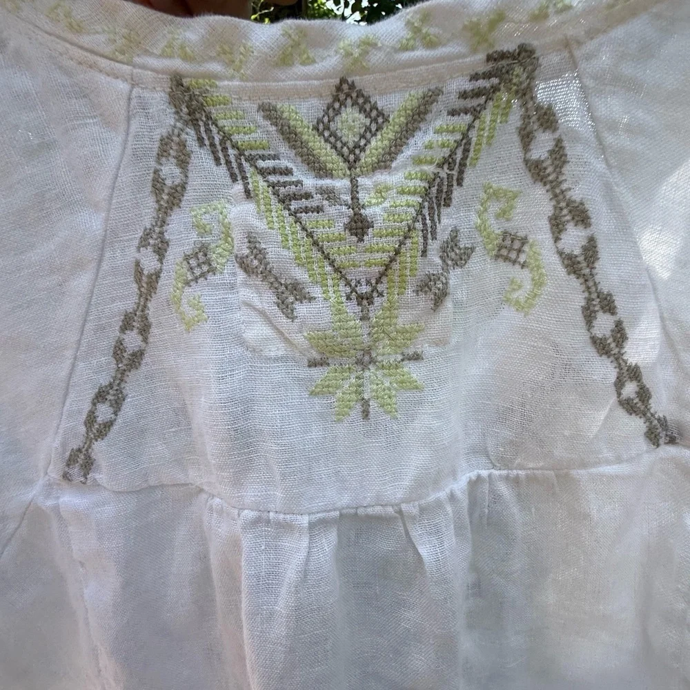 Johnny Was Biya White Linen Embroidered Boho Tunic Top S Aztec Festival Coastal - Picture 6 of 12